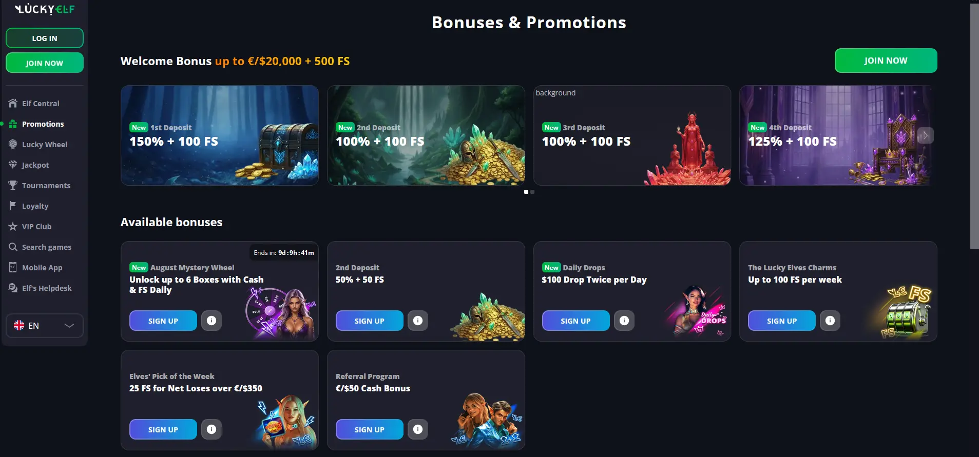 LuckyElf Casino welcome bonus and promotions page