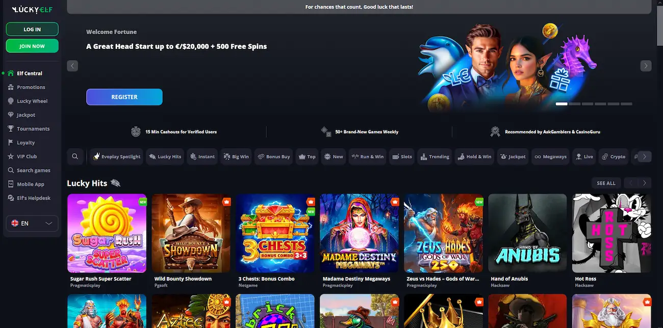 LuckyElf Casino online pokies lobby with new slots and jackpot games