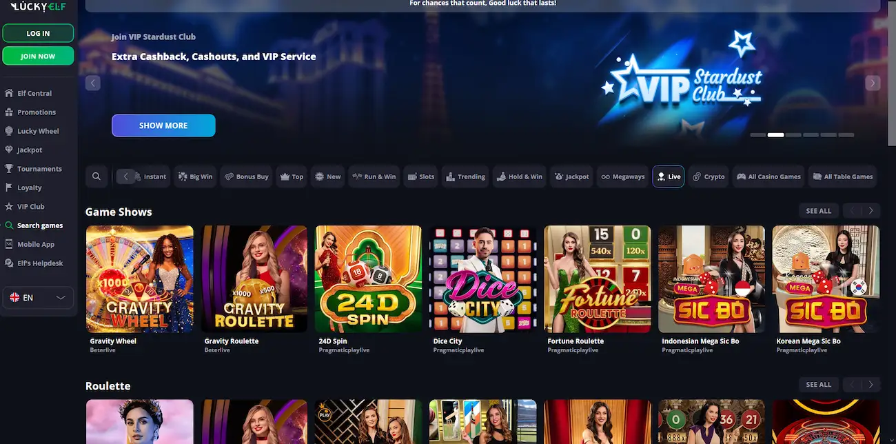 LuckyElf live casino dealer tables streaming in HD
