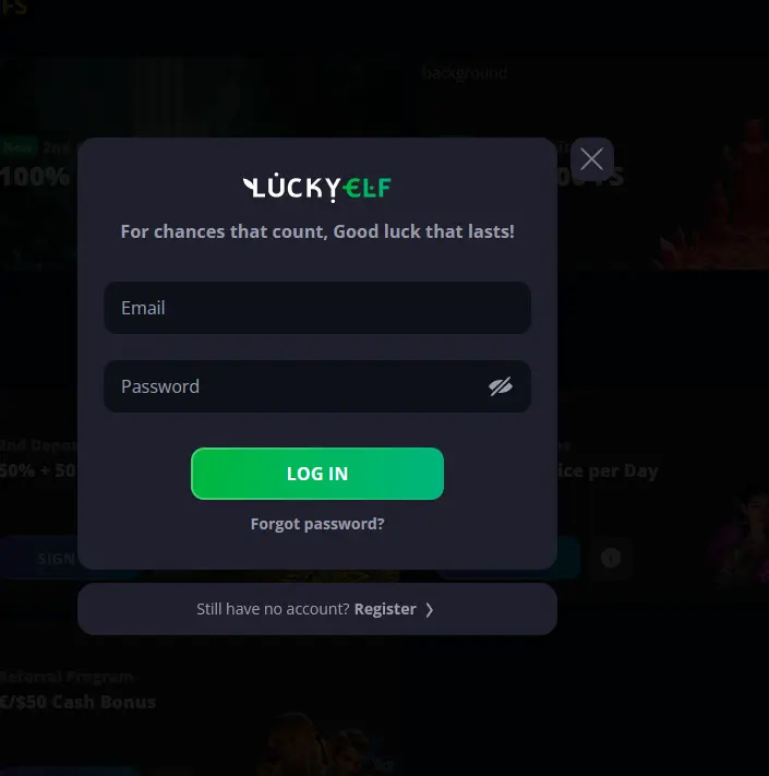LuckyElf Casino secure login screen