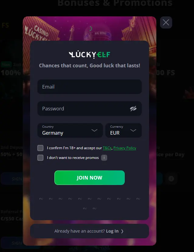 LuckyElf Casino quick registration form